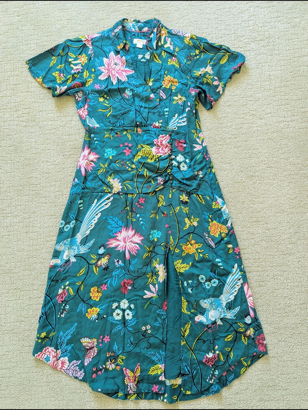 Maeve Anthropologie Button Front Shirt Dress 14 Green Floral Bird V-neck Slit - Picture 3 of 15